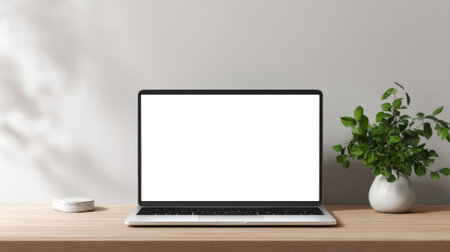 A clean workspace features a modern laptop with a blank screen placed on a wooden desk. A green indoor plant in a white pot adds life to the simple and organized setup.の素材