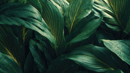 Dense foliage fills the scene showing various shades of green leaves with subtle yellow veins. The arrangement creates a rich calming atmosphere in nature.の素材