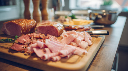 A selection of cured meats is arranged on a wooden board showing different styles and colors. Fresh herbs and utensils are visible in a bright kitchen perfect for entertaining.の素材