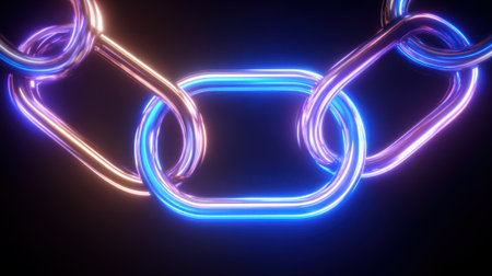 Glowing chain links are displayed in vibrant blue and pink colors. The links are set against a dark background highlighting their reflective surfaces and creating a striking visual effect.の素材
