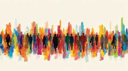 Crowds of people walk through a lively cityscape filled with bright colors. The tall buildings create a dynamic atmosphere with reflections adding depth to the scene.の素材