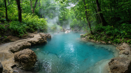Warm waters create a serene escape as mist envelops the hot spring surrounded by vibrant greenery.の素材
