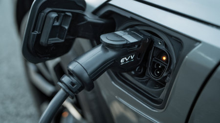An electric vehicle is plugged into a charging station during the evening. The location shows a commitment to eco-friendly transportation as the charging process begins.の素材