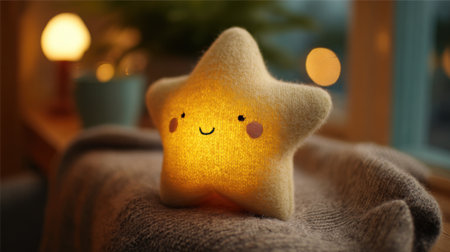 A star-shaped lamp emits a gentle glow creating a warm atmosphere in a cozy room filled with soft textures and gentle lighting. The charm of the lamp adds to the inviting environment.の素材