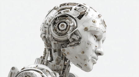 A detailed robotic head is displayed in a bright environment. The design highlights various mechanical components showcasing advanced technology in a sleek format.の素材
