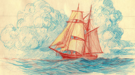 A sailing ship with billowing orange sails glides across calm water. Light blue and orange clouds fill the sky above creating a peaceful maritime scene.の素材