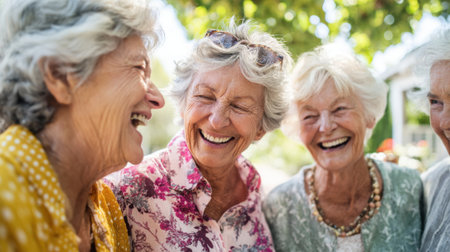Four elderly women smile and laugh together enjoying each others company in a sunny outdoor space.の素材