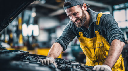 A mechanic in yellow overalls repairs a car engine with a focused expression in a well-equipped automotive repair shop during daytime hours.の素材