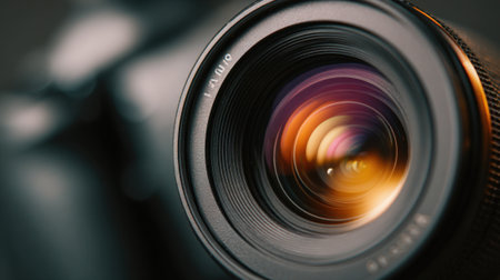 A detailed view of a camera lens highlights the unique colors and textures of the glass elements. The lens reflects light creating a captivating visual display that emphasizes its design.の素材
