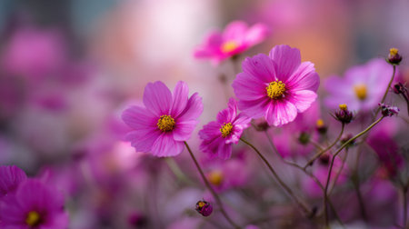 In a lively garden pink flowers display their vivid colors under sunlight. Soft petals and bright yellow centers attract bees and butterflies enhancing the beauty of the scene.の素材