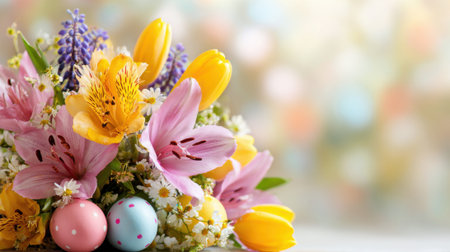 A vibrant spring bouquet filled with pink lilies yellow tulips and purple flowers rests beside pastel easter eggs symbolizing festive joy and renewal during the spring season.の素材