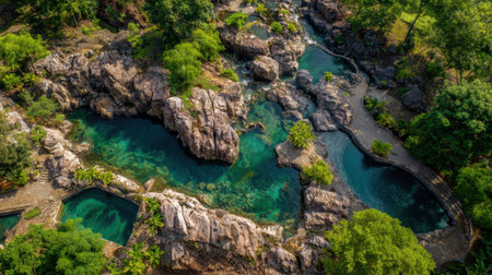 Crystal clear waters flow through rocky formations creating a tranquil escape in natures embrace.の素材