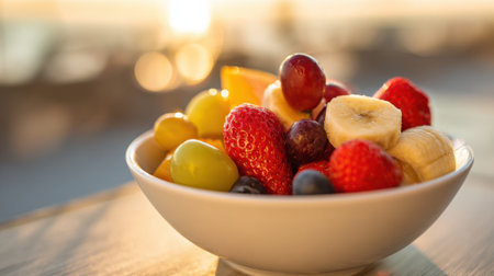 A bright bowl of fresh fruits sits on a wooden table showcasing a mix of grapes strawberries bananas and blueberries. The sun sets creating a warm inviting atmosphere.の素材