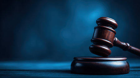 A wooden gavel is positioned on its round base against a dark blue backdrop highlighting its significance in legal proceedings. The scene conveys authority and justice.の素材