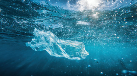 A clear piece of plastic debris drifts through the ocean surrounded by shimmering blue water. Sunlight filters down illustrating the impact of pollution on marine life.の素材