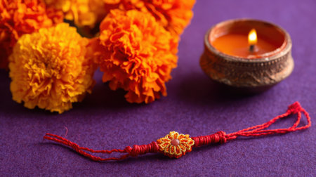 Bright marigold flowers and a lit diya create a warm atmosphere alongside a beautifully crafted rakhi. This setting reflects the spirit of a joyful cultural celebration.の素材
