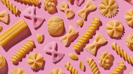 A vibrant collection of different pasta shapes and colors fills a pink background beautifully.の素材
