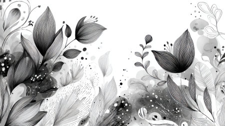 Elegant black and white floral artwork showcases intricate hand-drawn leaves and flowers. Soft textures blend beautifully in the background creating a vibe perfect for decor.の素材