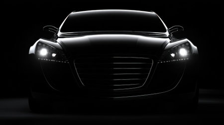 A black car is positioned in a dark environment highlighting its stylish silhouette and sharp features. The setting conveys a sense of mystery and elegance after sunset.の素材
