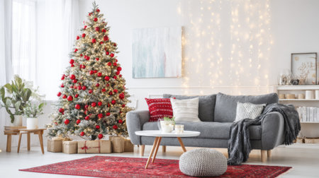 A warm living room is filled with holiday cheer. A beautifully decorated Christmas tree stands in the corner surrounded by presents. Soft lighting creates a cozy ambiance.の素材