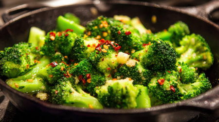 Fresh broccoli is sauted with garlic and red pepper flakes in a cast iron skillet. The vibrant green color highlights a delicious and healthy dish cooking on a stovetop.の素材