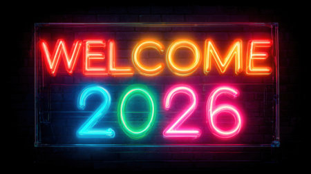 Bright neon lights display the words welcome 2026 in vibrant colors. The sign stands out against a black background creating a festive and inviting atmosphere for New Year festivities.の素材