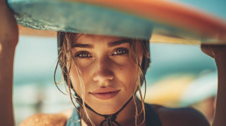 A young woman stands at the beach holding her surfboard above her head. The sun shines brightly creating a vibrant atmosphere with other surfboards in the background.の素材