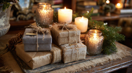 A warm holiday scene features beautifully wrapped gifts in natural tones surrounded by lit candles and greenery on a rustic table. Cozy ambiance enhances the festive spirit.の素材
