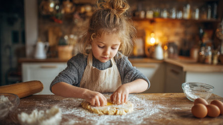 In a warm kitchen, a young child is carefully rolling out cookie dough. Flour covers the countertop as she concentrates on her task. Ingredients like eggs are nearby, showing her dedication.の素材