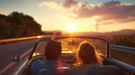 A couple enjoys a peaceful drive in a convertible during sunset surrounded by beautiful landscapes and warm colors as the day ends.の素材