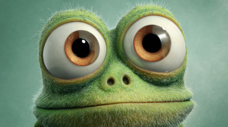 This green frog character features oversized eyes and a friendly expression. The soft blue background enhances the frogs whimsical appeal perfect for childrens storytelling.の素材