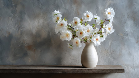 Beautiful white flowers bloom in a smooth vase resting on a wooden shelf with a soft background.の素材