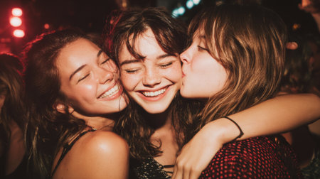 Three friends share a warm moment at a vibrant event smiling and enjoying each others company amidst colorful lights and lively music.の素材