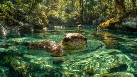 An otter floats in clear sparkling water surrounded by vibrant green plants and trees. Sunlight filters through the leaves creating a peaceful and serene environment.の素材