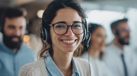 A woman with glasses and a headset smiles while working at a call center. She is engaged in assisting customers as her coworkers work in the background creating a lively atmosphere.の素材