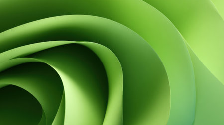 This artwork features a smooth swirling pattern in various shades of green. The design highlights fluid curves and a gentle gradient creating a calming and modern visual appeal.の素材