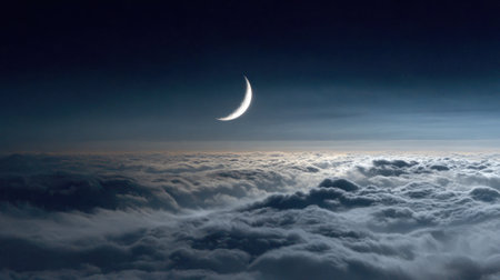 A crescent moon hangs in the deep blue sky illuminating the soft billowing clouds below during the serene twilight hours. The scene evokes a calm peaceful atmosphere.の素材