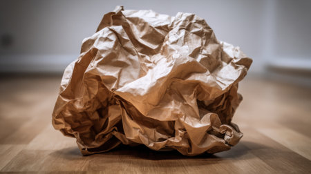 A crumpled ball of brown paper rests on a wooden floor in a well-lit indoor setting.の素材
