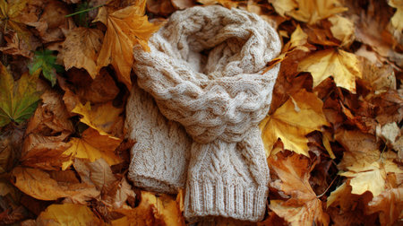 A soft beige scarf is placed among orange and yellow autumn leaves highlighting the seasons warmth.の素材