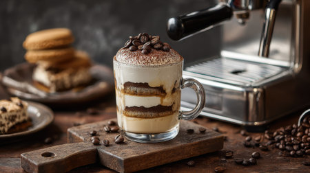 Rich coffee dessert topped with cocoa sits in a clear glass on a wooden surface. Nearby chocolate treats are arranged adding to the inviting atmosphere.の素材