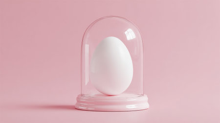 A white egg is beautifully showcased beneath a transparent glass dome. The soft pink background enhances the simplicity and elegance of the scene creating a peaceful visual.の素材