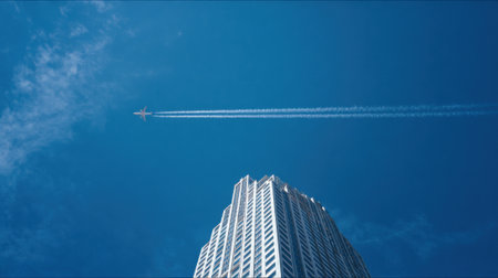 A bright blue sky serves as a backdrop for an airplane soaring above a tall urban building. The aircraft leaves a white vapor trail as it journeys onward.の素材