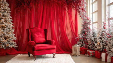 A bright red chair stands against a backdrop of flowing red fabric surrounded by decorated Christmas trees and wrapped gifts creating a warm holiday atmosphere.の素材
