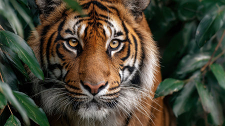 A tiger peers intently from behind thick foliage showing its striking fur patterns. The scene captures the essence of wildlife in a vibrant natural setting.の素材
