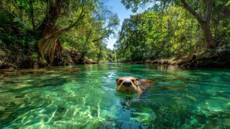 An otter swims gracefully in a crystal-clear river. The sun shines brightly illuminating the vibrant green surroundings filled with trees and natural beauty.の素材
