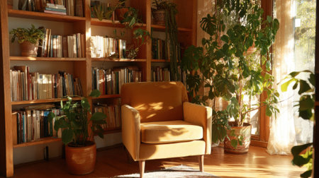 Sunlight fills a peaceful reading nook with a warm orange chair and lush green plants. Shelves hold numerous books creating an inviting atmosphere for relaxation and reading.の素材