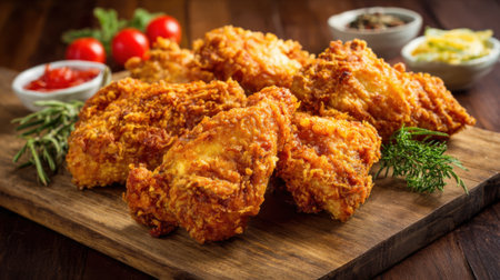Juicy golden fried chicken pieces are arranged on a wooden board. Fresh herbs and cherry tomatoes accompany the dish. Sauces are ready for dipping creating a delicious meal.の素材
