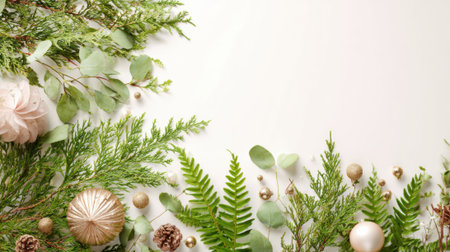 Fresh greenery pinecones and decorative ornaments are beautifully arranged around the edges of a light background creating a charming seasonal atmosphere perfect for celebrations.の素材