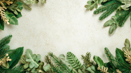 Fresh green leaves including ferns and pine branches are carefully arranged along the edges of a light textured surface creating a natural frame.の素材