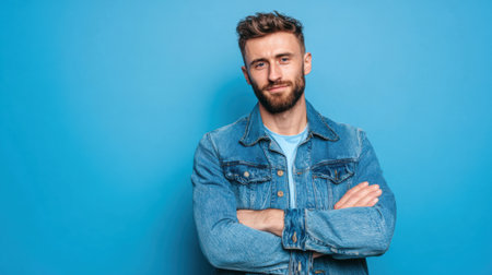 A young man stands confidently with his arms crossed. He has a casual look wearing a denim jacket over a blue shirt. The bright blue background adds a vibrant touch to the scene.の素材